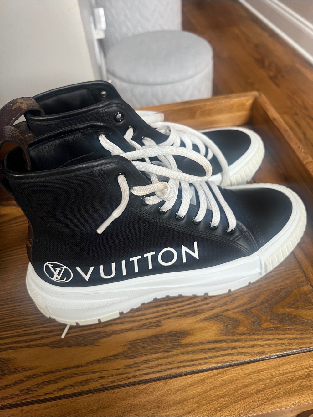 Louis Vuitton Black and White High-Top Sneakers with LV Logo